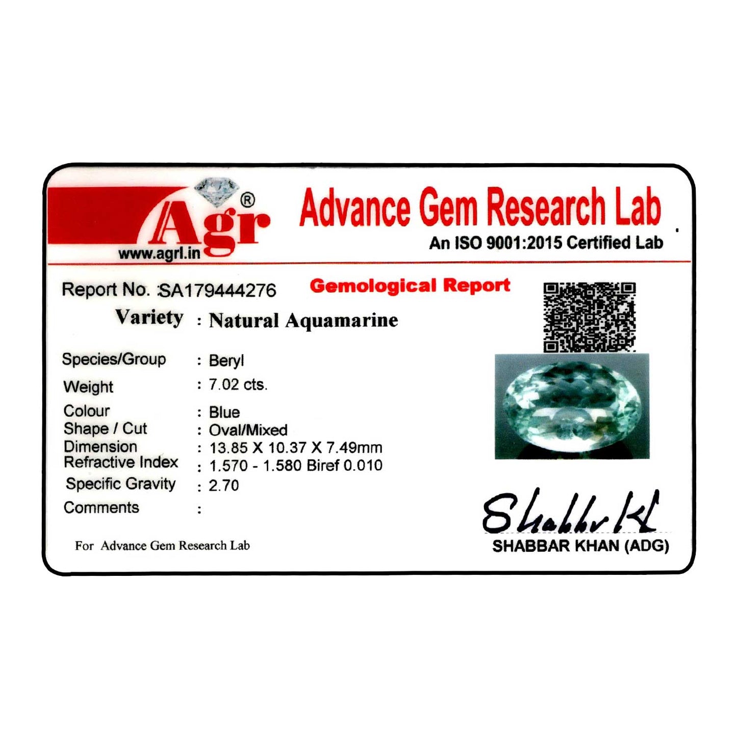 Blue Aquamarine (Beruj) 7.02 Carat