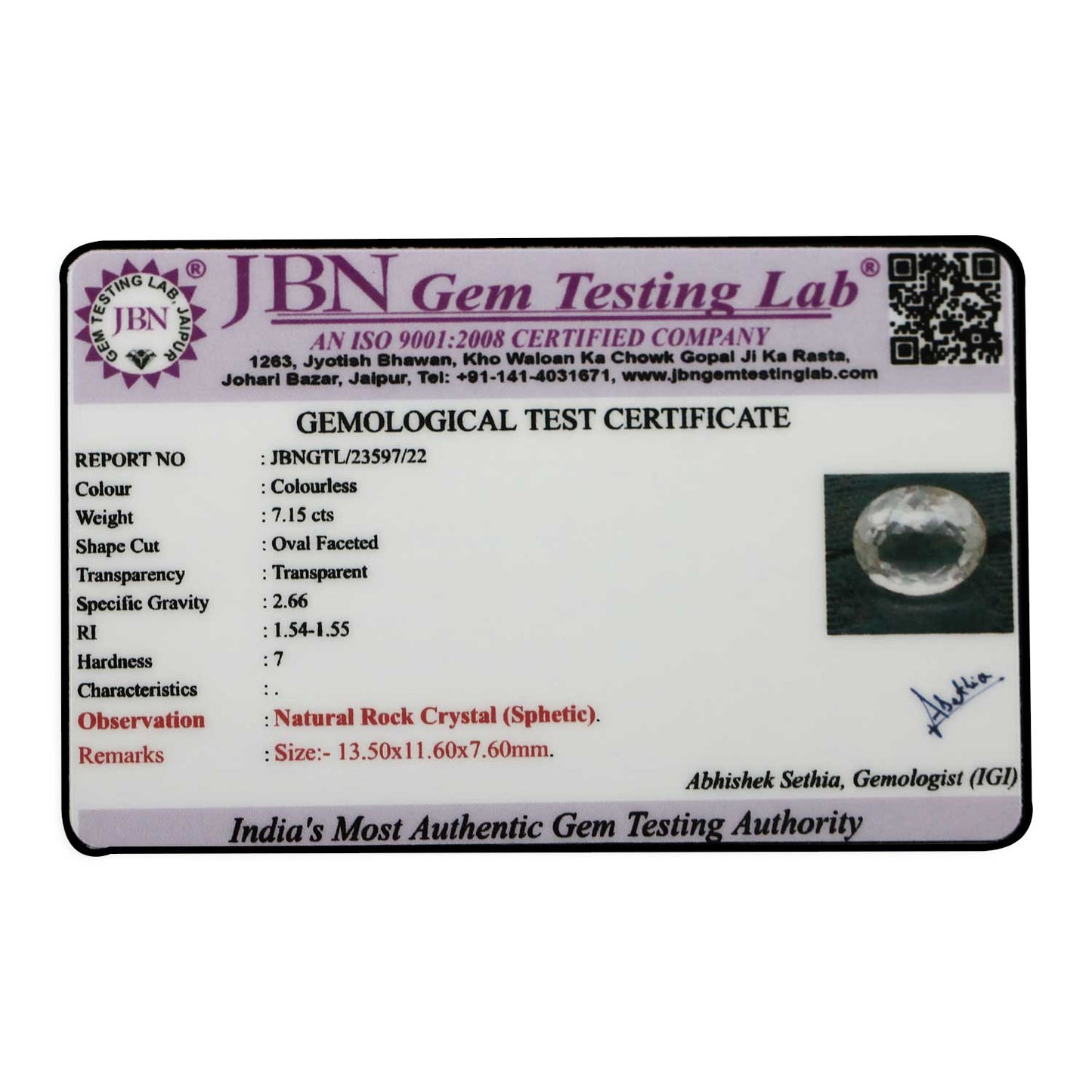Rock Crystal (Spathik) 7.15 Carat