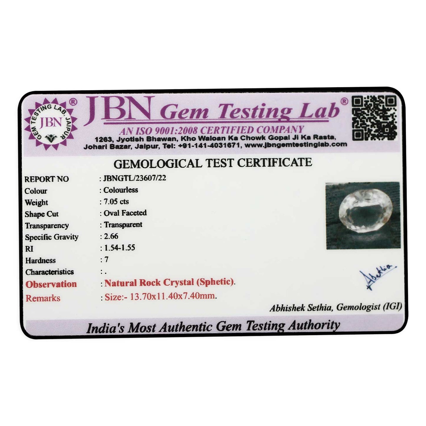 Rock Crystal (Spathik) 7.05 Carat