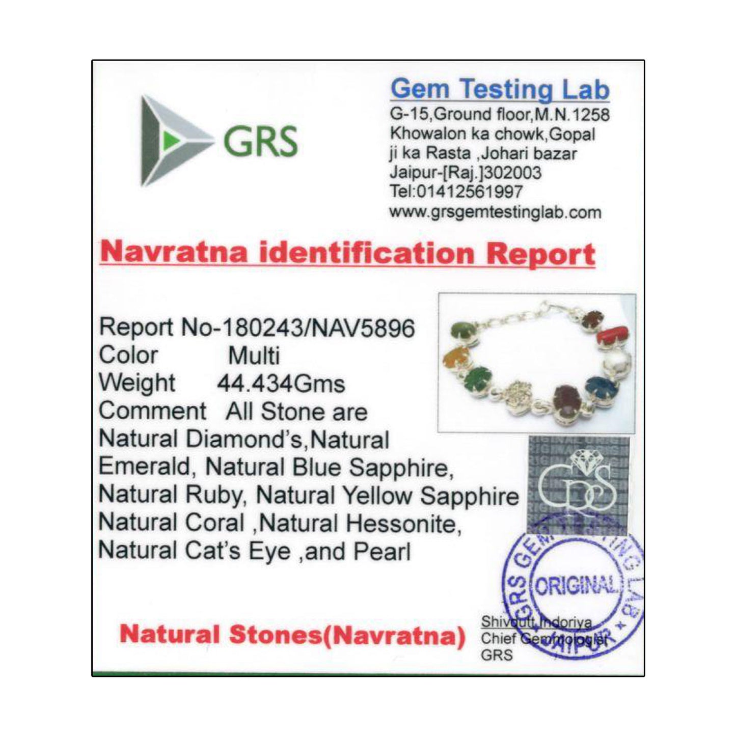 Navratna Sterling Silver Bracelet with all Nine Natural Gemstones for Navgraha Lab Certified 44.43gm