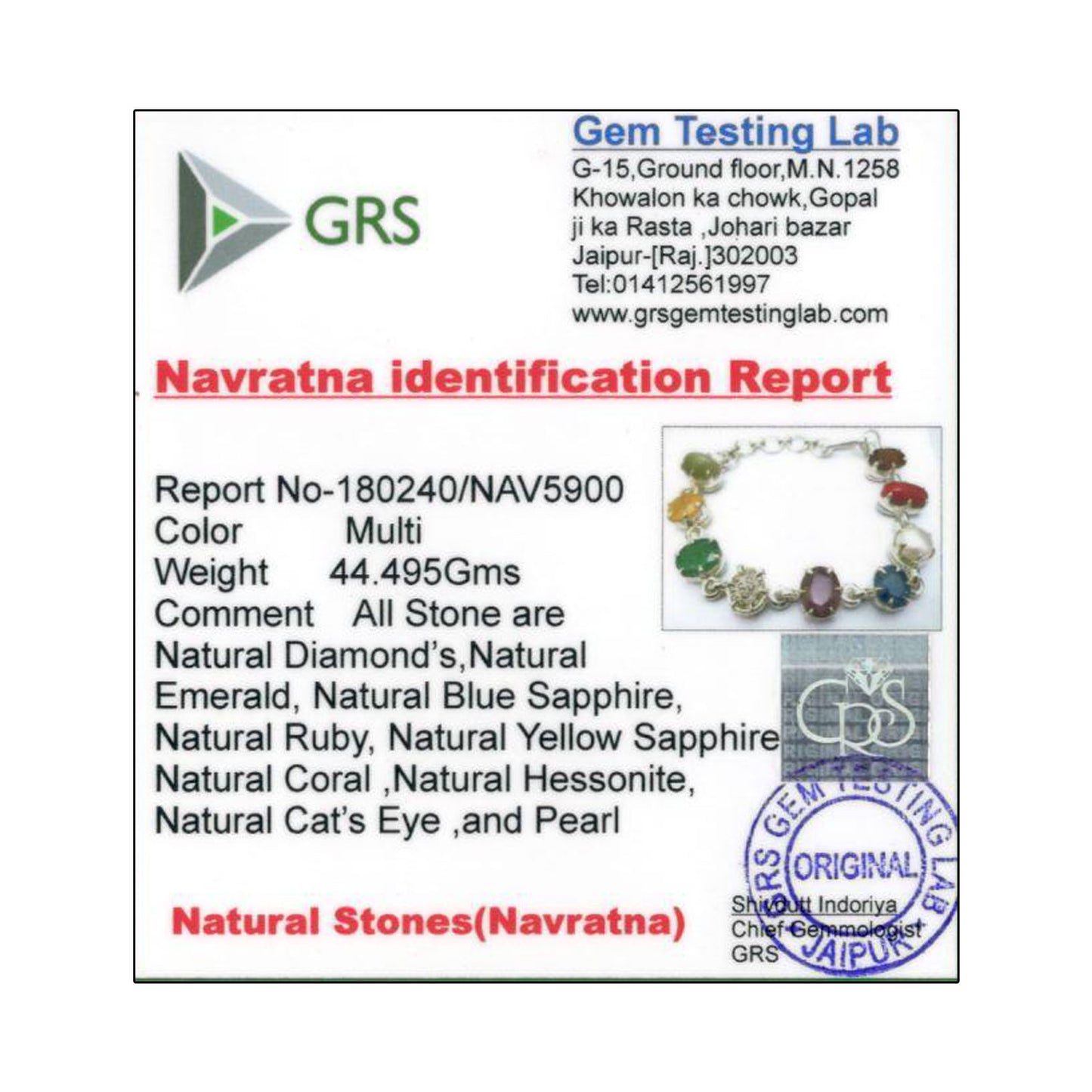Navratna Sterling Silver Bracelet with all Nine Natural Gemstones for Navgraha Lab Certified 44.49gm