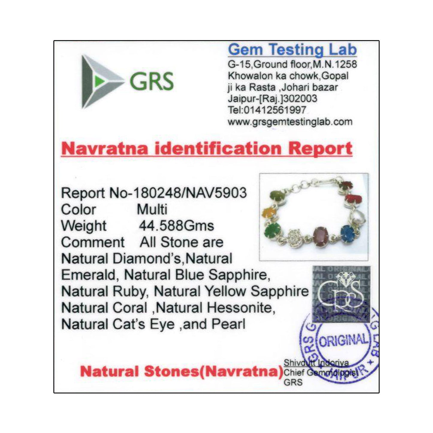 Navratna Sterling Silver Bracelet with all Nine Natural Gemstones for Navgraha Lab Certified 44.58gm
