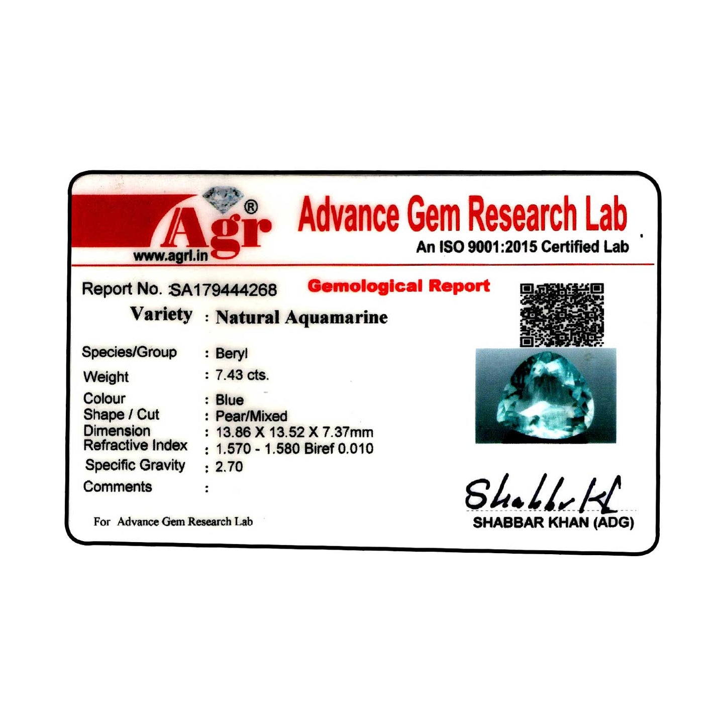 Blue Aquamarine (Beruj) 7.43 Carat