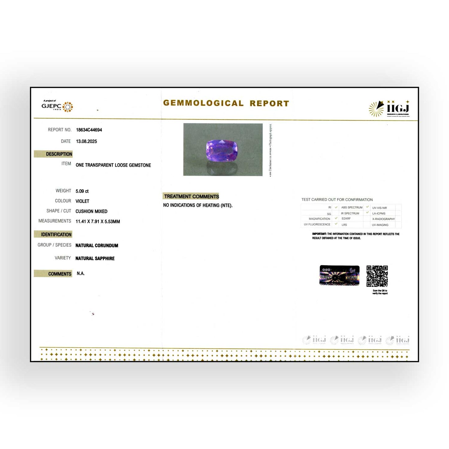 Purple Sapphire 5.09 Carat