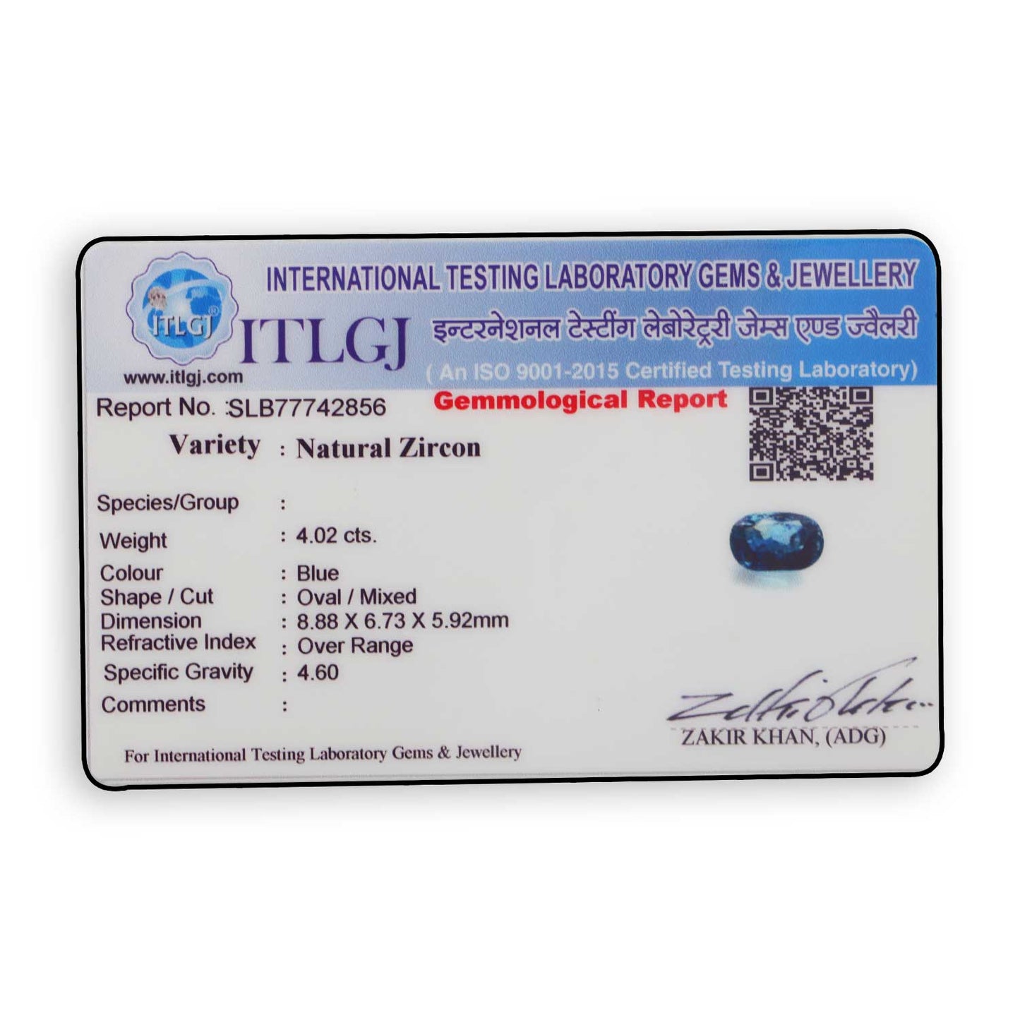 Blue Zircon 4.02 Carat
