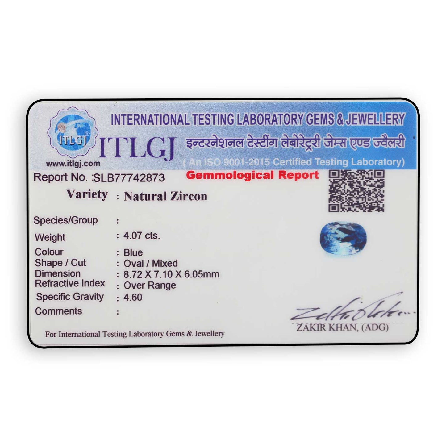 Blue Zircon 4.07 Carat