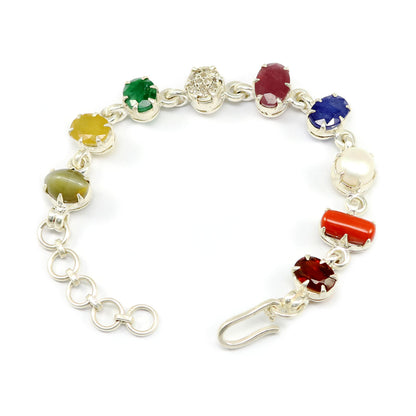 Navratna Sterling Silver Bracelet with all Nine Natural Gemstones for Navgraha Lab Certified 44.43gm