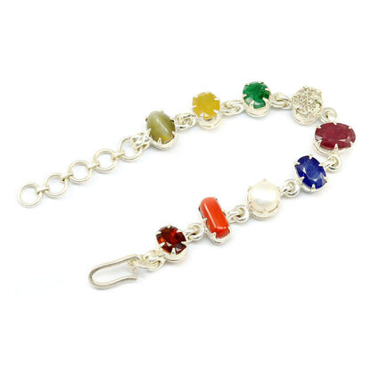 Navratna Sterling Silver Bracelet with all Nine Natural Gemstones for Navgraha Lab Certified 44.43gm