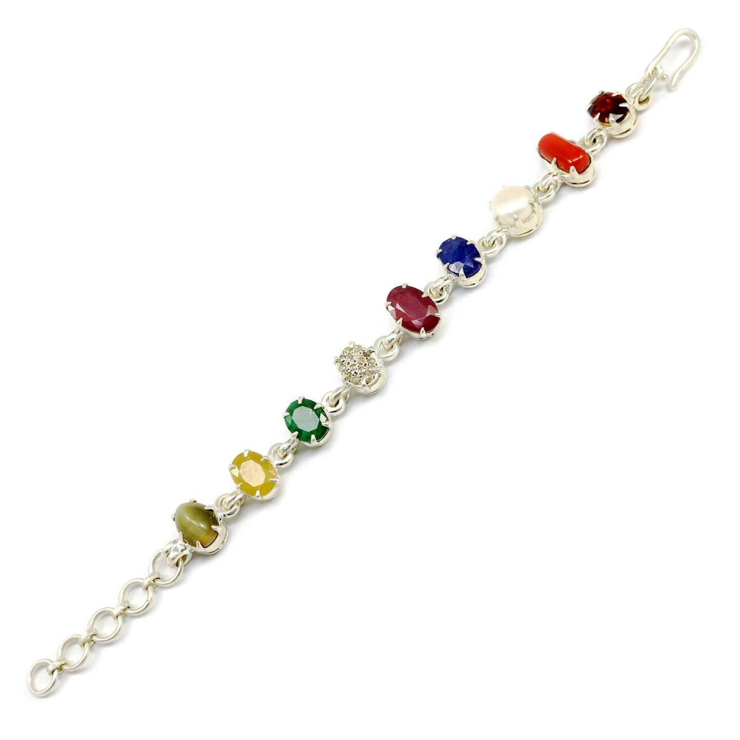 Navratna Sterling Silver Bracelet with all Nine Natural Gemstones for Navgraha Lab Certified 44.43gm