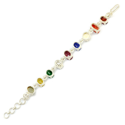 Navratna Sterling Silver Bracelet with all Nine Natural Gemstones for Navgraha Lab Certified 44.43gm