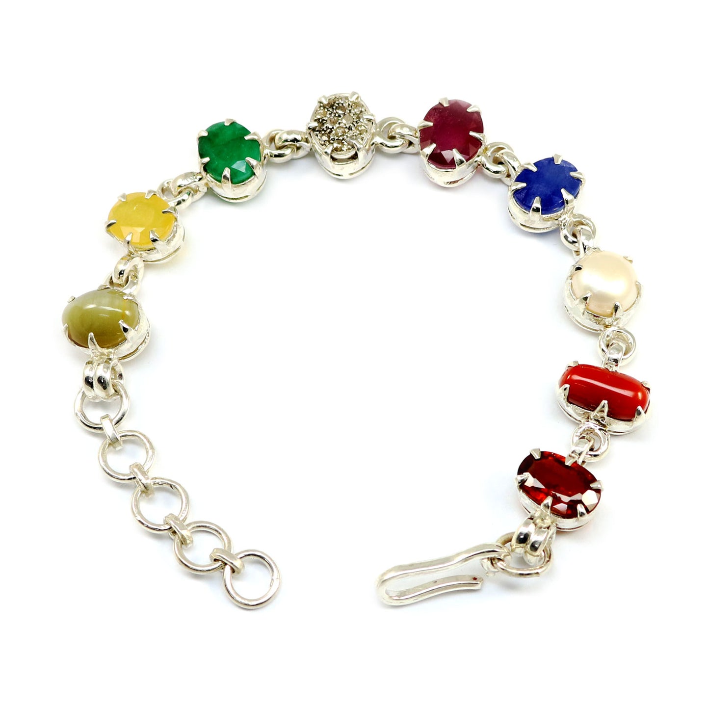 Navratna Sterling Silver Bracelet with all Nine Natural Gemstones for Navgraha Lab Certified 44.69gm