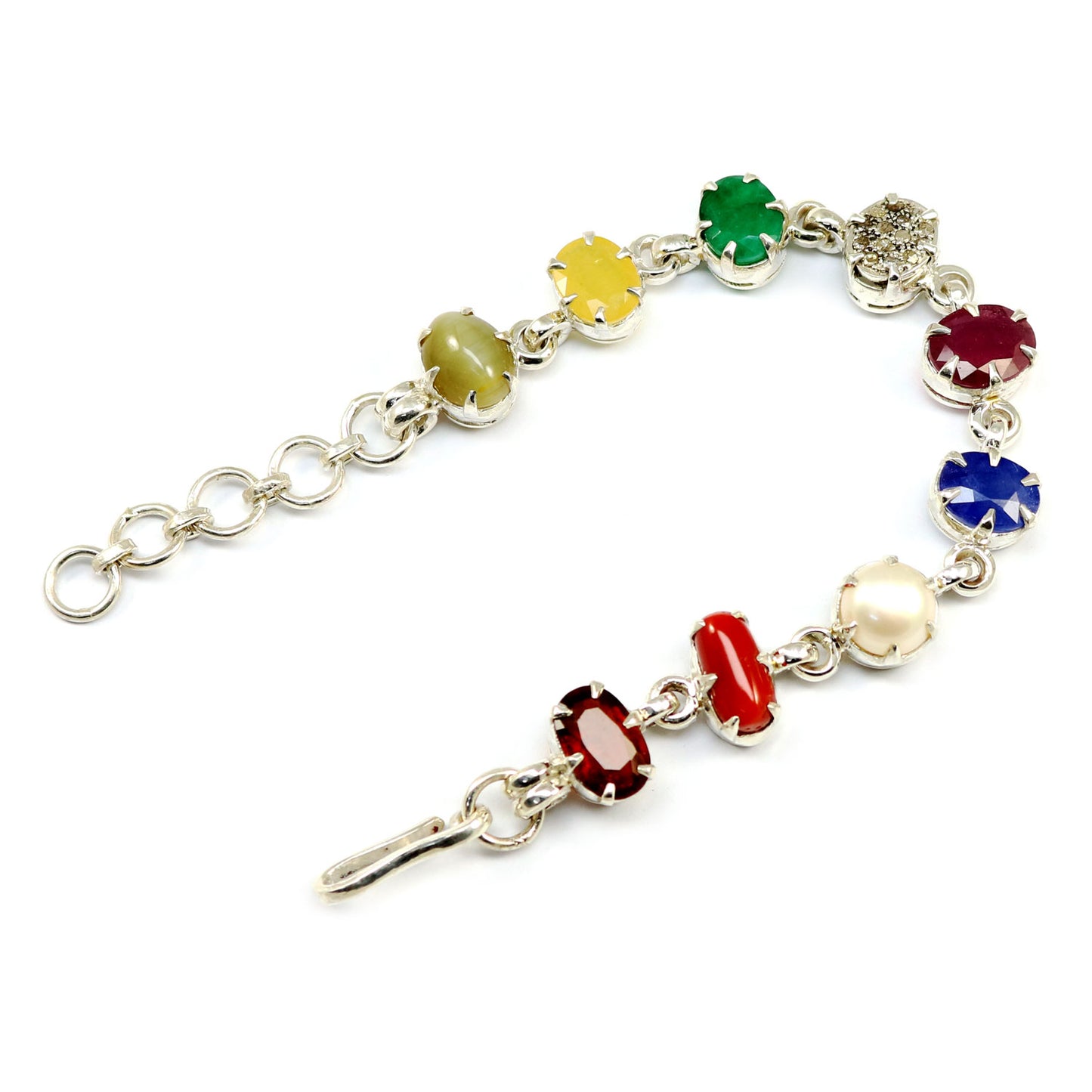 Navratna Sterling Silver Bracelet with all Nine Natural Gemstones for Navgraha Lab Certified 44.69gm