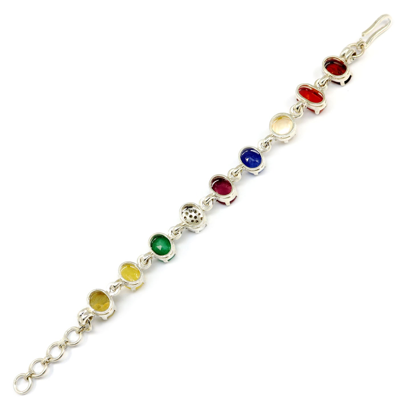 Navratna Sterling Silver Bracelet with all Nine Natural Gemstones for Navgraha Lab Certified 44.69gm