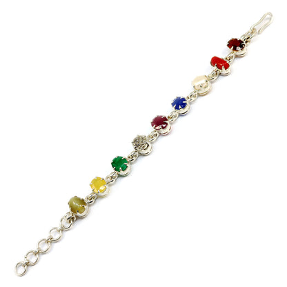 Navratna Sterling Silver Bracelet with all Nine Natural Gemstones for Navgraha Lab Certified 44.69gm