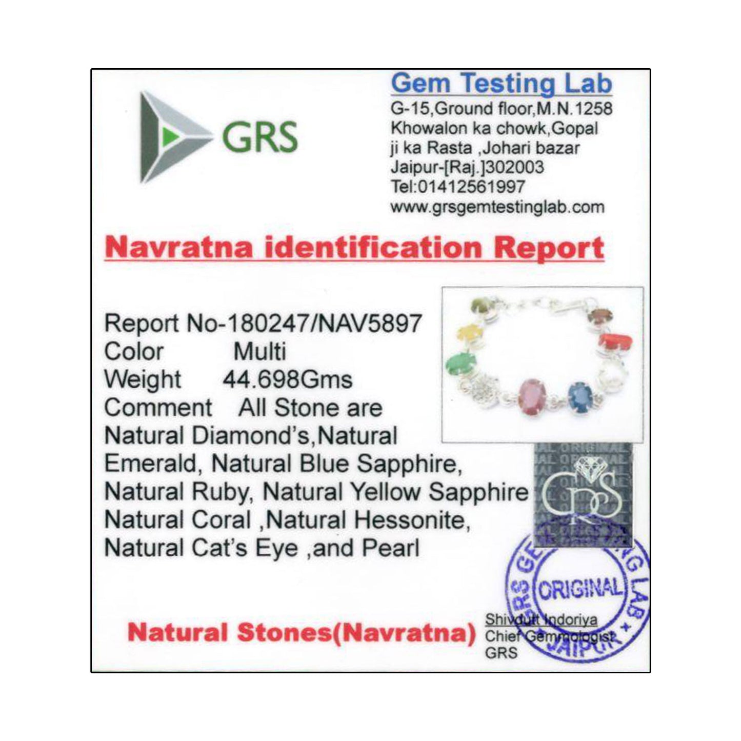 Navratna Sterling Silver Bracelet with all Nine Natural Gemstones for Navgraha Lab Certified 44.69gm