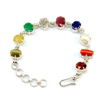 Navratna Sterling Silver Bracelet with all Nine Natural Gemstones for Navgraha Lab Certified 44.16gm