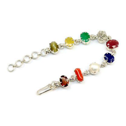 Navratna Sterling Silver Bracelet with all Nine Natural Gemstones for Navgraha Lab Certified 44.16gm