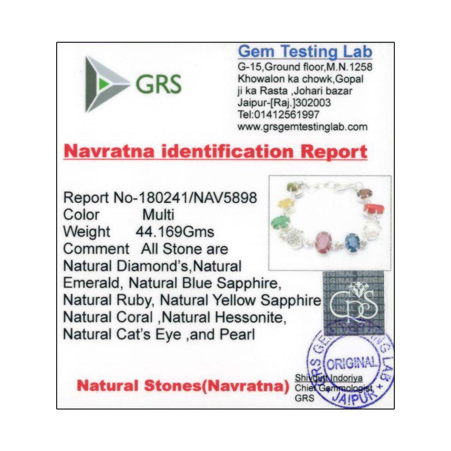 Navratna Sterling Silver Bracelet with all Nine Natural Gemstones for Navgraha Lab Certified 44.16gm