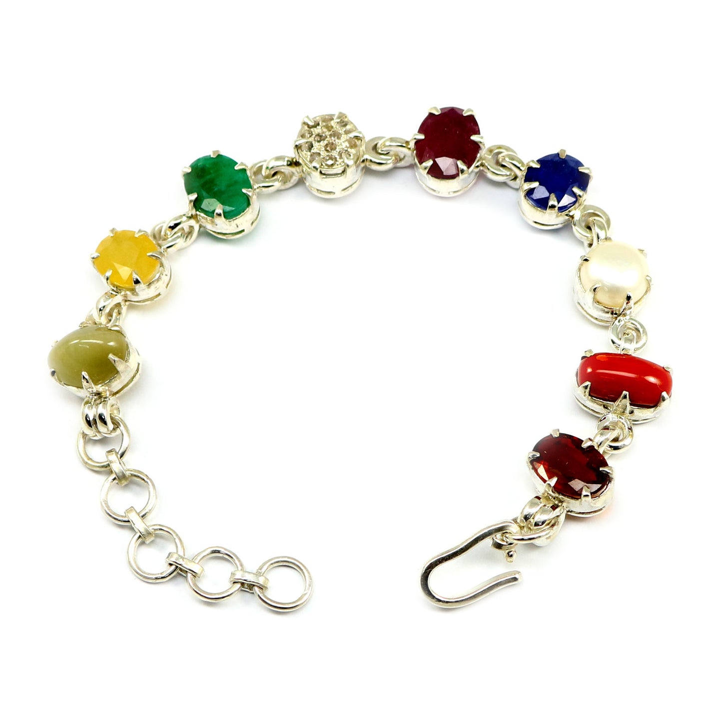 Navratna Sterling Silver Bracelet with all Nine Natural Gemstones for Navgraha Lab Certified 44.49gm