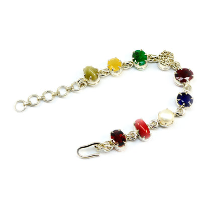 Navratna Sterling Silver Bracelet with all Nine Natural Gemstones for Navgraha Lab Certified 44.49gm