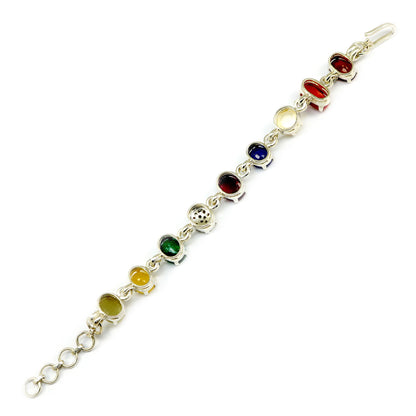 Navratna Sterling Silver Bracelet with all Nine Natural Gemstones for Navgraha Lab Certified 44.49gm