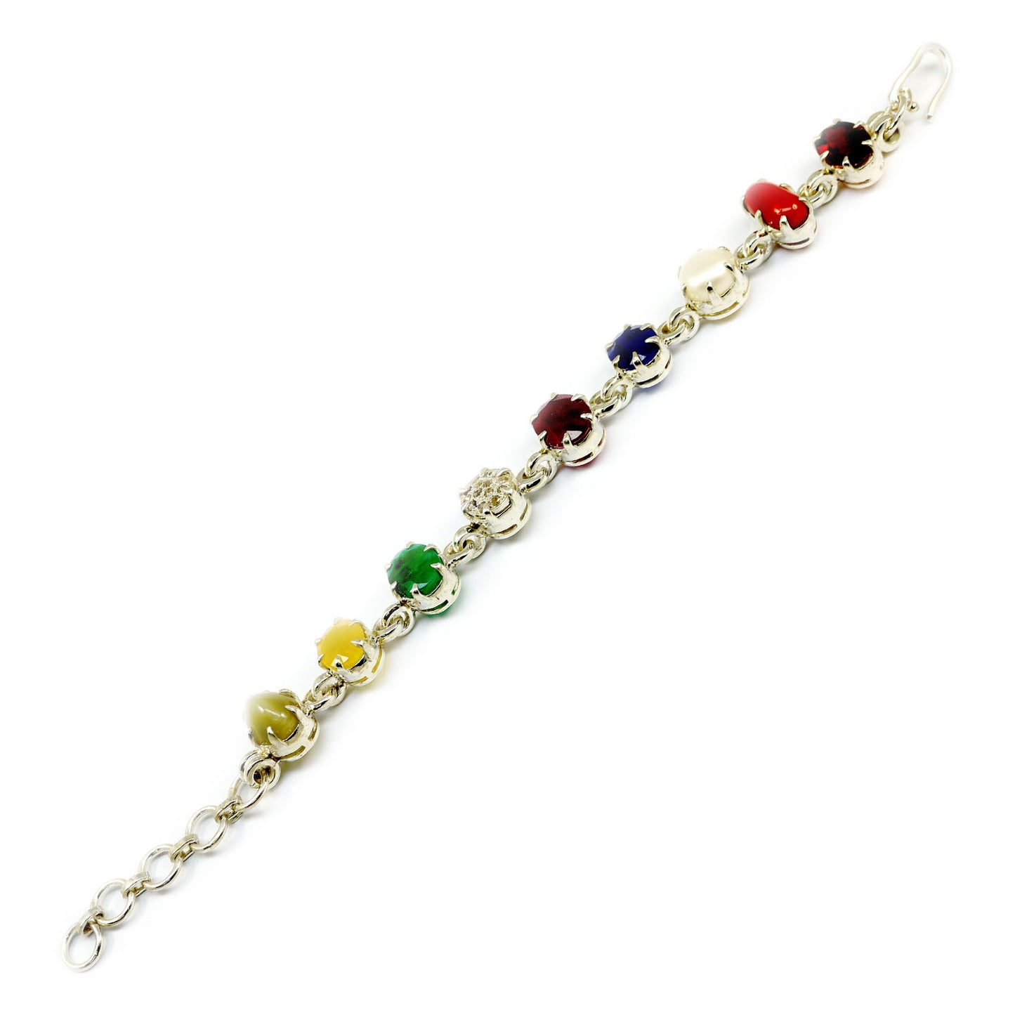 Navratna Sterling Silver Bracelet with all Nine Natural Gemstones for Navgraha Lab Certified 44.49gm