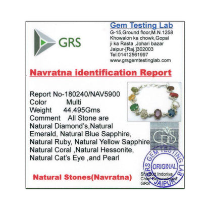 Navratna Sterling Silver Bracelet with all Nine Natural Gemstones for Navgraha Lab Certified 44.49gm