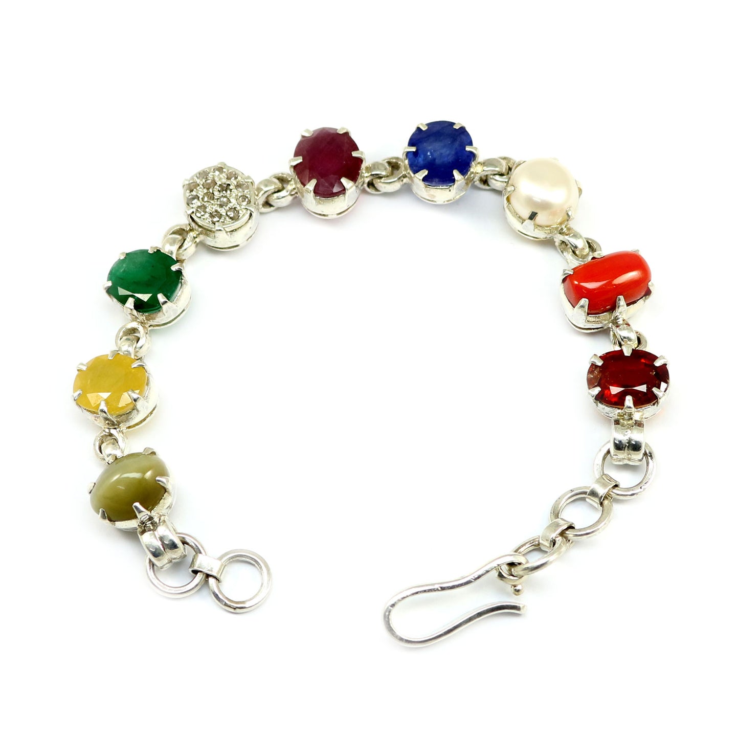 Navratna Sterling Silver Bracelet with all Nine Natural Gemstones for Navgraha Lab Certified 42.73 Gm