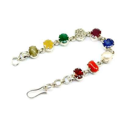 Navratna Sterling Silver Bracelet with all Nine Natural Gemstones for Navgraha Lab Certified 42.73 Gm