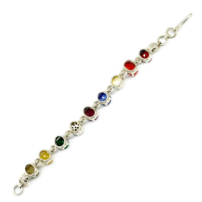 Navratna Sterling Silver Bracelet with all Nine Natural Gemstones for Navgraha Lab Certified 42.73 Gm