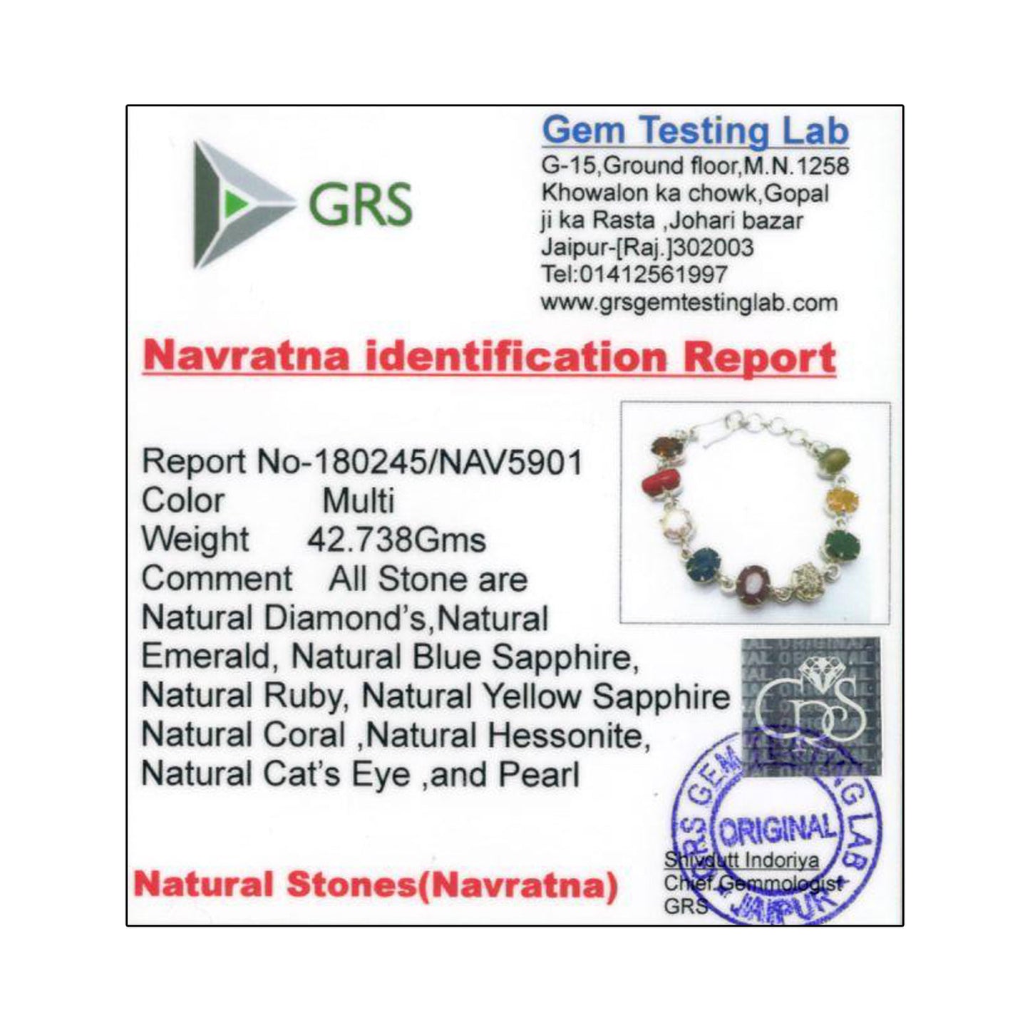 Navratna Sterling Silver Bracelet with all Nine Natural Gemstones for Navgraha Lab Certified 42.73 Gm