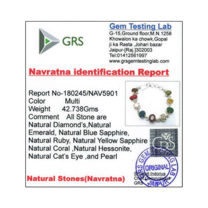 Navratna Sterling Silver Bracelet with all Nine Natural Gemstones for Navgraha Lab Certified 42.73 Gm