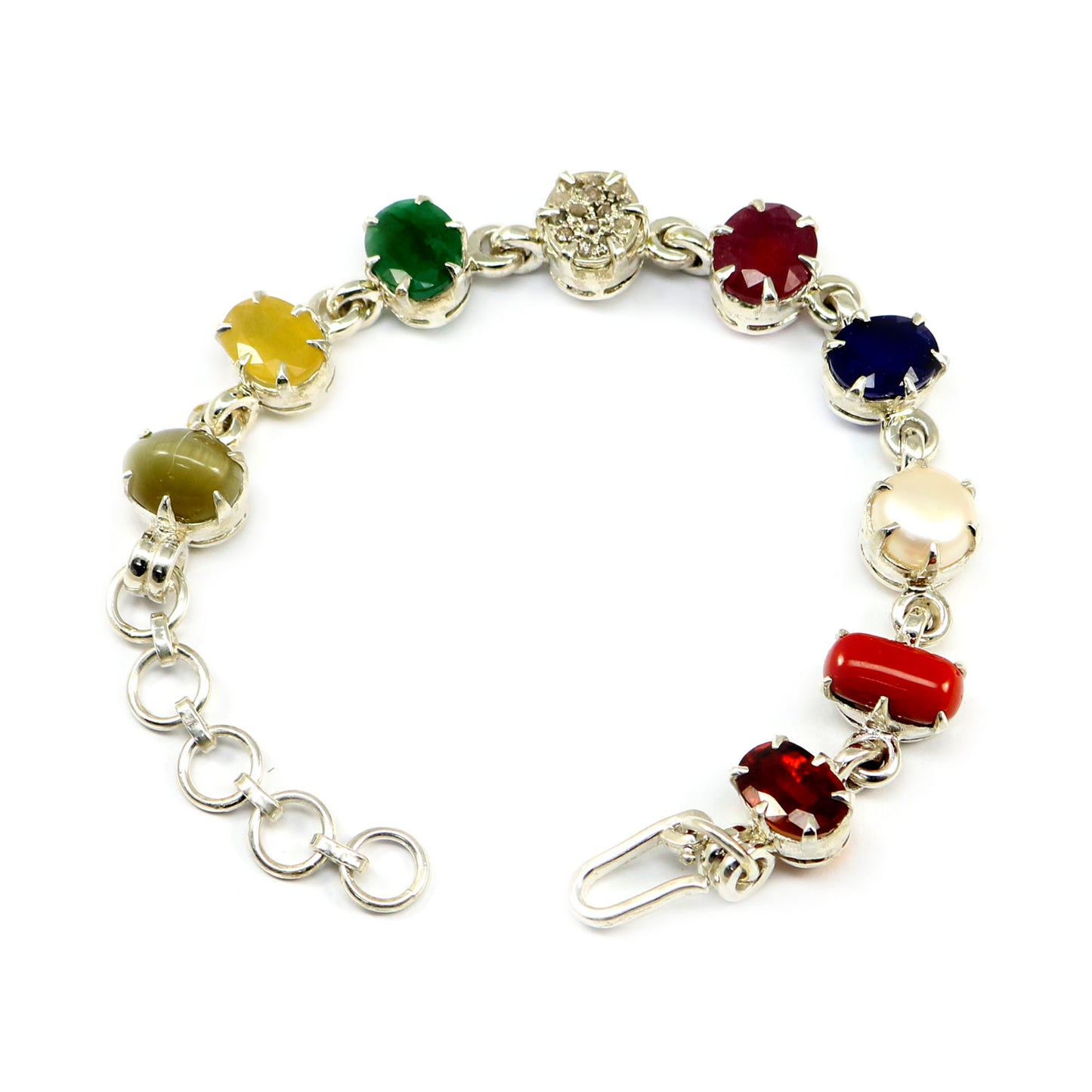 Navratna Sterling Silver Bracelet with all Nine Natural Gemstones for Navgraha Lab Certified 43.92gm