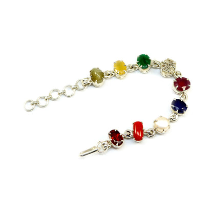 Navratna Sterling Silver Bracelet with all Nine Natural Gemstones for Navgraha Lab Certified 43.92gm