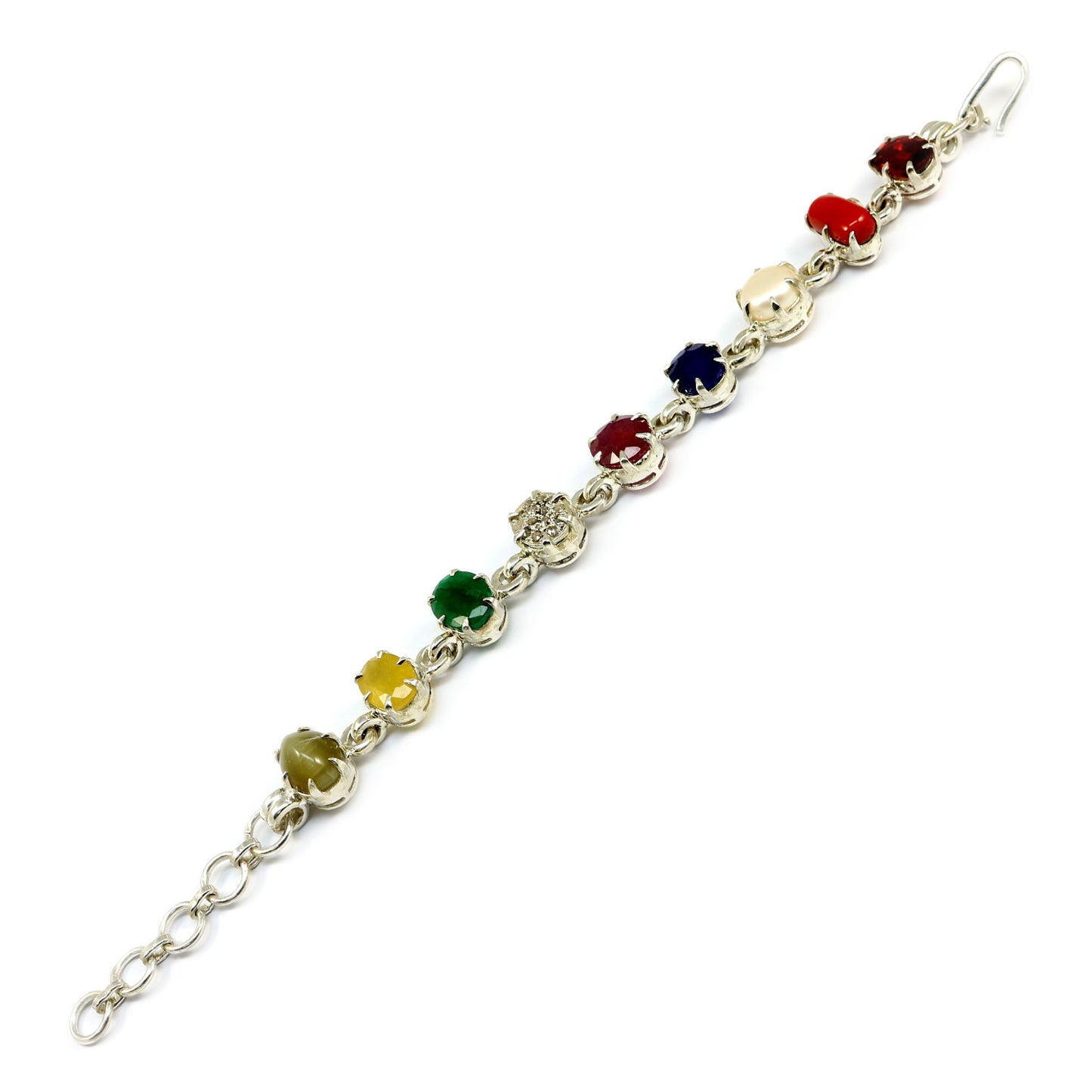 Navratna Sterling Silver Bracelet with all Nine Natural Gemstones for Navgraha Lab Certified 43.92gm