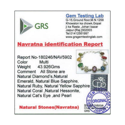 Navratna Sterling Silver Bracelet with all Nine Natural Gemstones for Navgraha Lab Certified 43.92gm