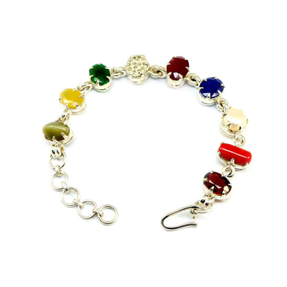 Navratna Sterling Silver Bracelet with all Nine Natural Gemstones for Navgraha Lab Certified 44.58gm