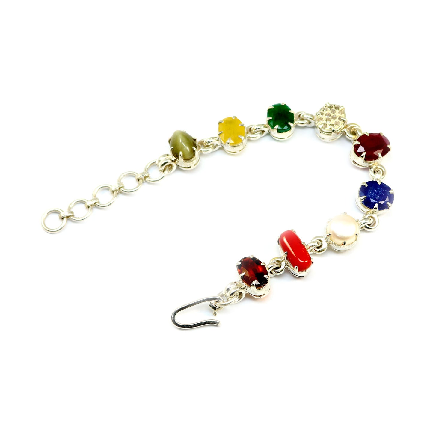 Navratna Sterling Silver Bracelet with all Nine Natural Gemstones for Navgraha Lab Certified 44.58gm