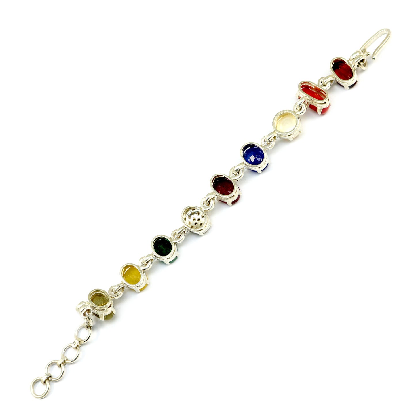 Navratna Sterling Silver Bracelet with all Nine Natural Gemstones for Navgraha Lab Certified 44.58gm