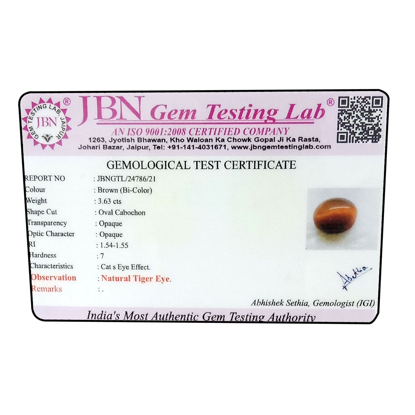 Natural Tiger Eye Gemstone Cts 3.63 Ratti 3.99
